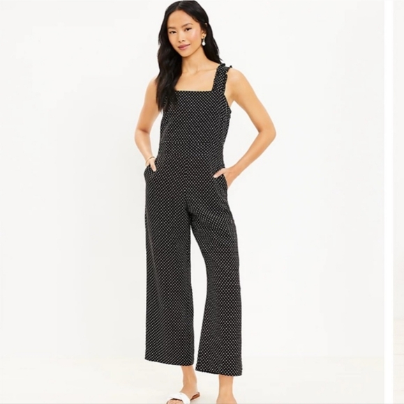 NWT LOFT Black White Dotted Ruffle Strap Wide Leg Linen Blend Jumpsuit Size 14 - Picture 11 of 12
